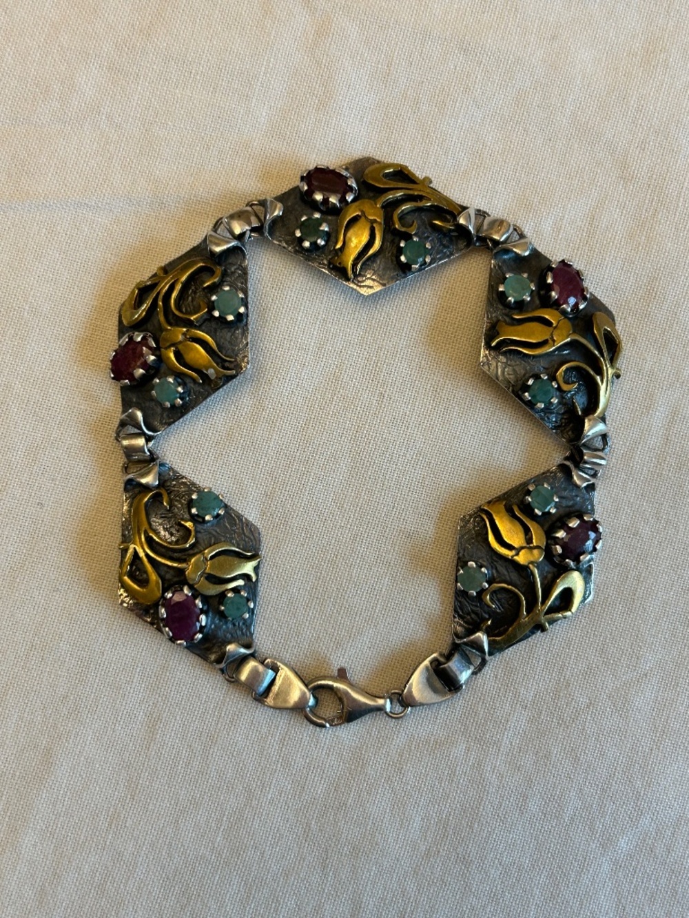 Statement Bracelet Rubies And Emeralds Silver And Gold Color In Sterling 8.5"